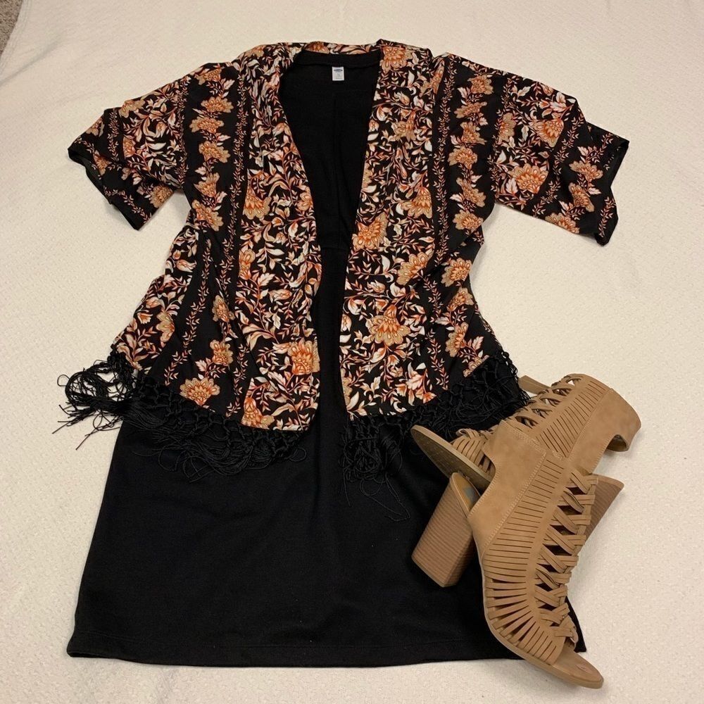 New Ruby Rd. Black and Coral Orange Gold kimono  poncho jacket coverup layered w